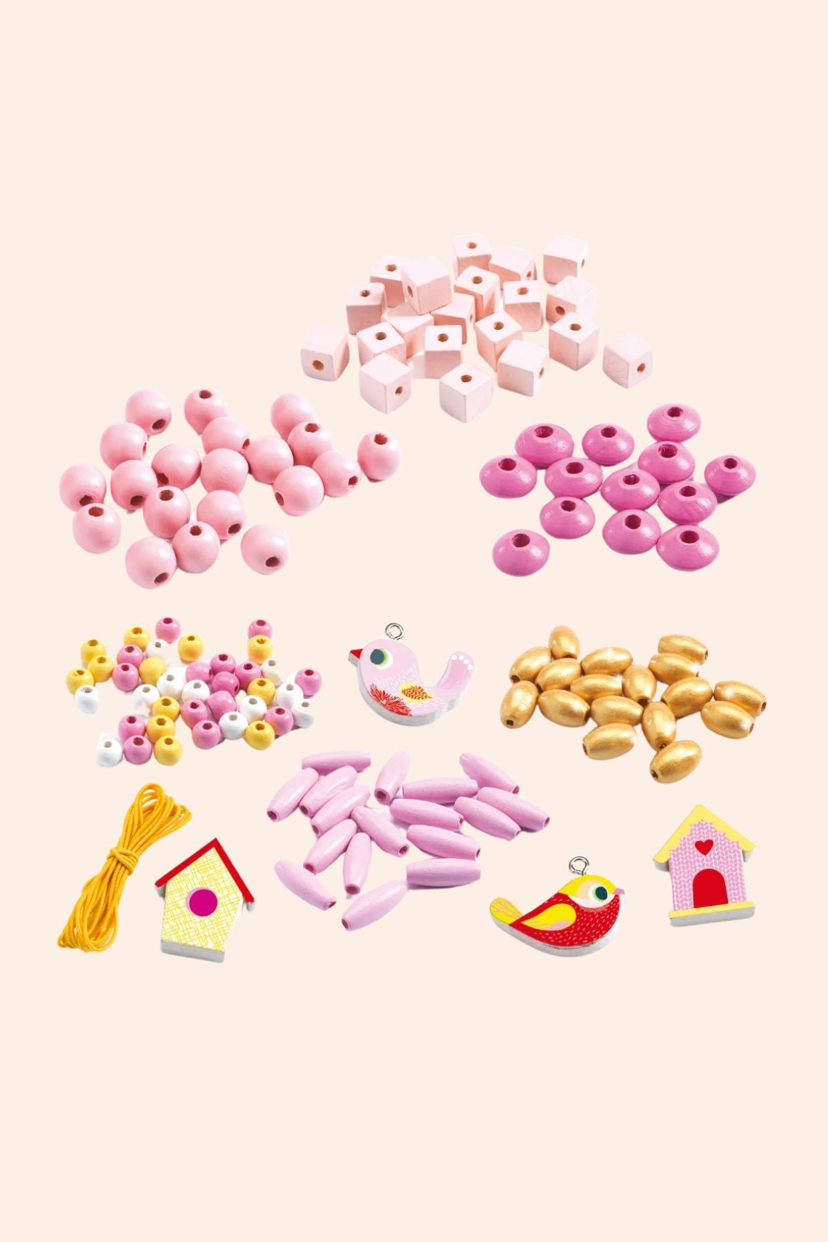 Djeco - 450 Wooden Beads - Birds - Strawberries & Cream