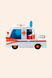 Djeco - Crazy Motors - Hurry Ambulance - Strawberries & Cream 
- Ingrid Lewis - Designer - Toy ambulance with a character inside