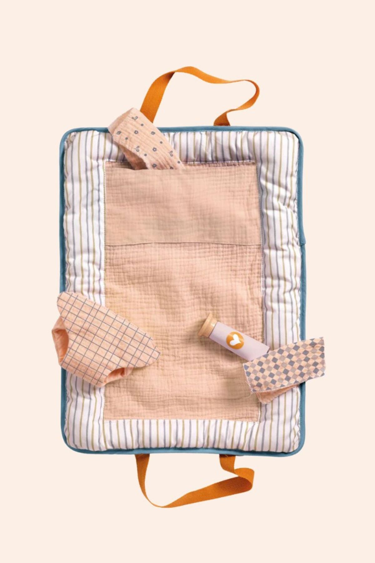 Djeco - Pomea - Changing Bag Blue Fly 
Changing bag with striped pattern and orange straps.