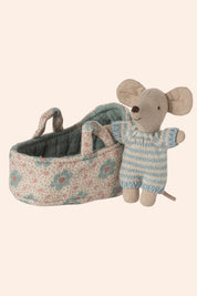 Maileg - Baby Mouse in Carry Cot - Blue - Strawberries & Cream - Ingrid Lewis - Designer
Stuffed mouse toy in a floral crib.