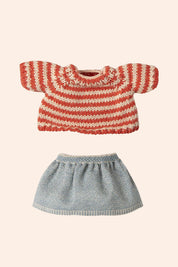 Maileg - Big Sister - Mouse Knitted Sweater and Skirt - Strawberries & Cream - Ingrid Lewis - Designer Striped red and white top with a blue checkered skirt.
