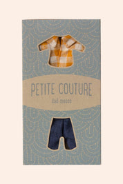 Maileg - Dad Mouse - Yellow Checked Shirt and Pants - Strawberries & Cream - Ingrid Lewis - Designer 
Packaging for children's clothing with checkered shirt and blue pants cutouts, branded 'Petite Couture'.