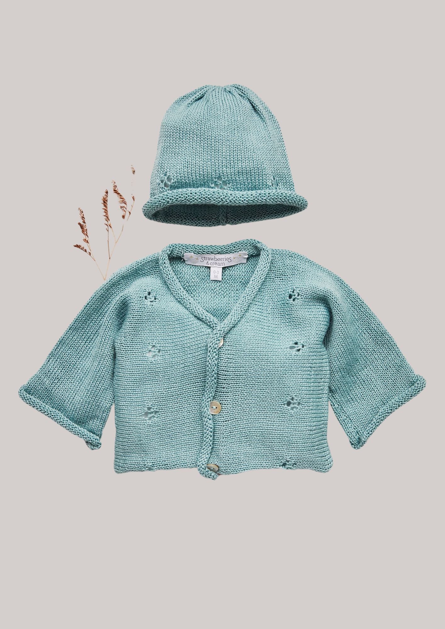 Merino Cardigan and Hat Set in Teal