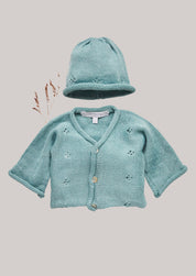 Merino Cardigan and Hat Set in Teal