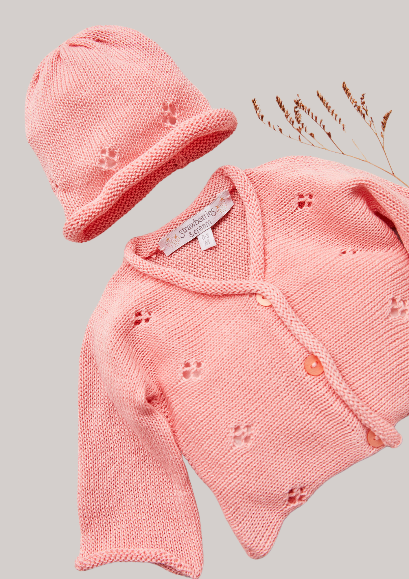 Cotton Cardigan and Hat Set in Peach