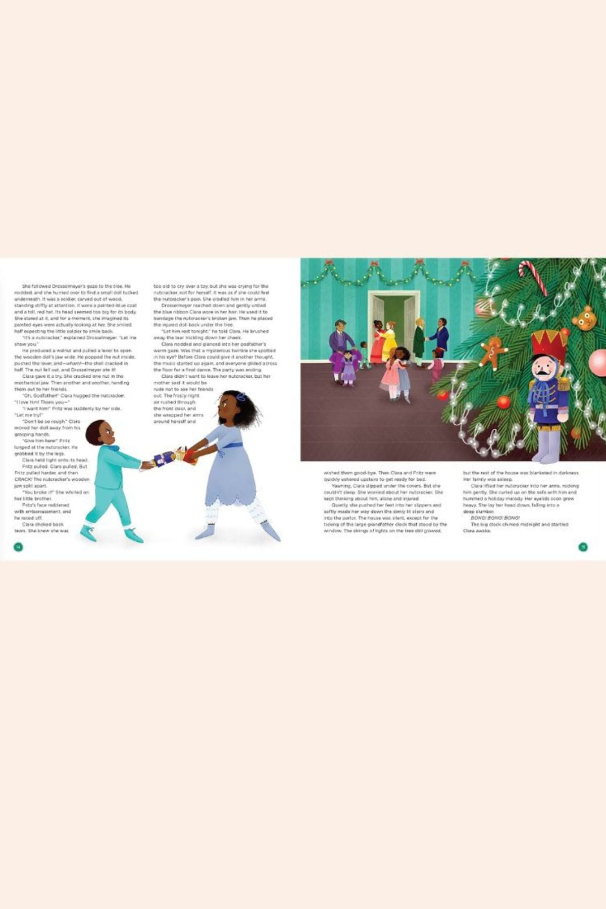A Child's Introduction To The Nutcracker - Strawberries & Cream - Ingrid Lewis - Designer Illustration of two children shaking hands with a Christmas tree and children playing in the background.
