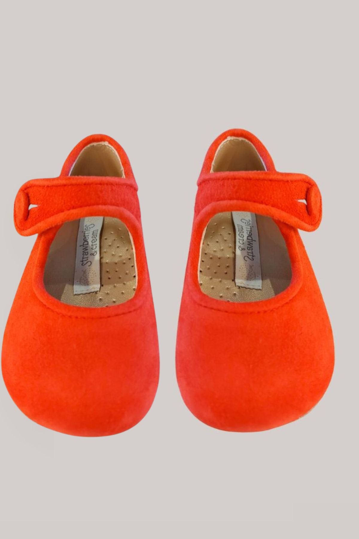 Baby Mary Jane - Red Suede - Strawberries & Cream - Ingrid Lewis - Designer 
Pair of bright red children's shoes