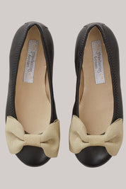 Ballerina Bow - Black - Gold Bow - Strawberries & Cream - Ingrid Lewis - Designer 
Black flats with beige bow details.