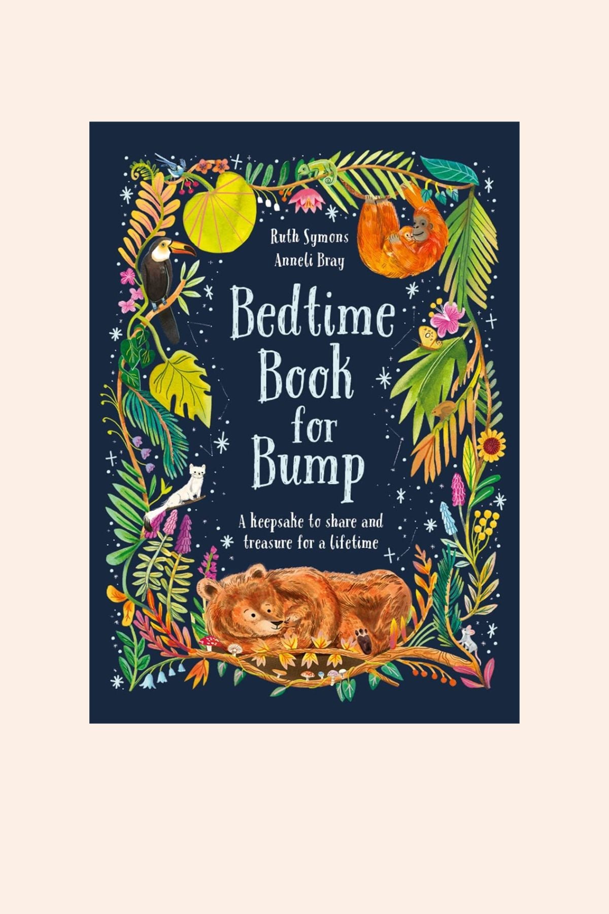 Book cover of 'Bedtime Book for Bump' with colourful illustrations on a dark blue background