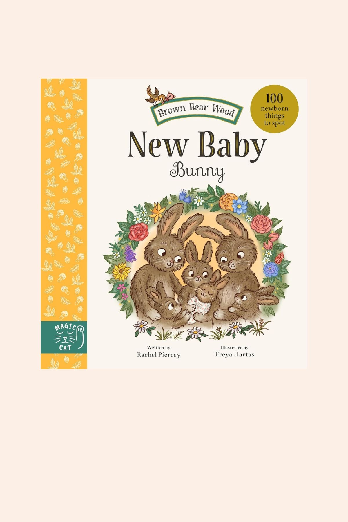 Brown Bear Wood - New Baby - Strawberries & Cream - Ingrid Lewis - Designer Book cover of 'Brown Bear Wood: New Baby Bunny' with illustrations of bunnies and flowers. 