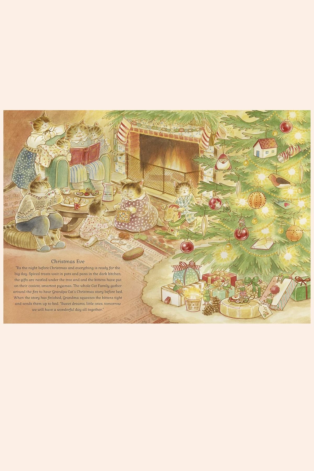 Cat Family Christmas - A Lift the flap advent book - Strawberries & Cream - Ingrid Lewis Designer
 Illustration of a family gathered around a Christmas tree with presents and a fireplace.