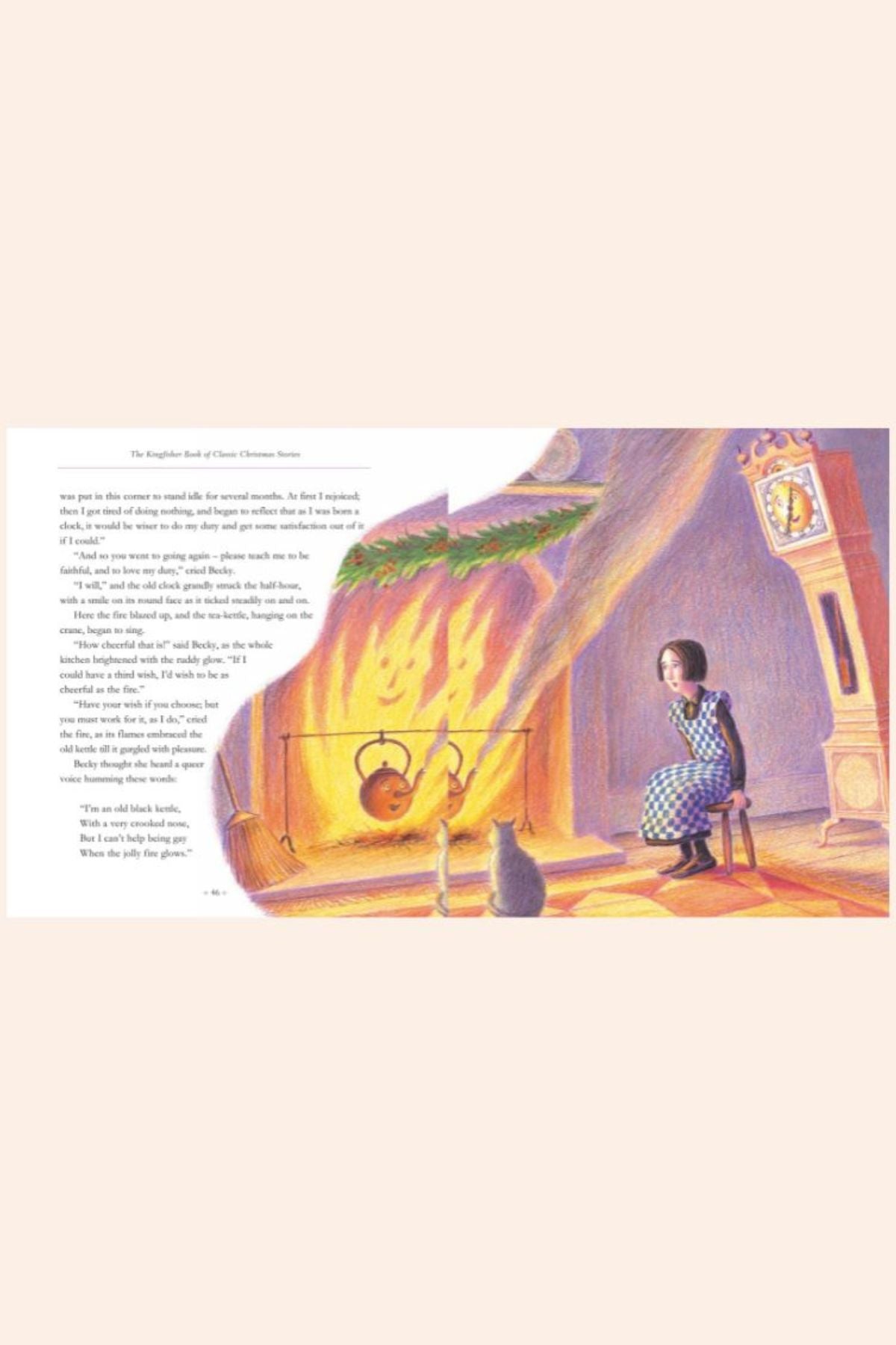 Classic Christmas Stories - Strawberries & Cream - Ingrid Lewis - Designer
Illustration of a woman sitting in front of a fireplace with a cat, in a warm-toned room.