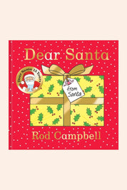 Dear Santa - Christmas - Books - Strawberries & Cream - childrens - Ingrid Lewis - Designer 
Book cover of 'Dear Santa' by Rod Campbell with a red background and yellow present design.