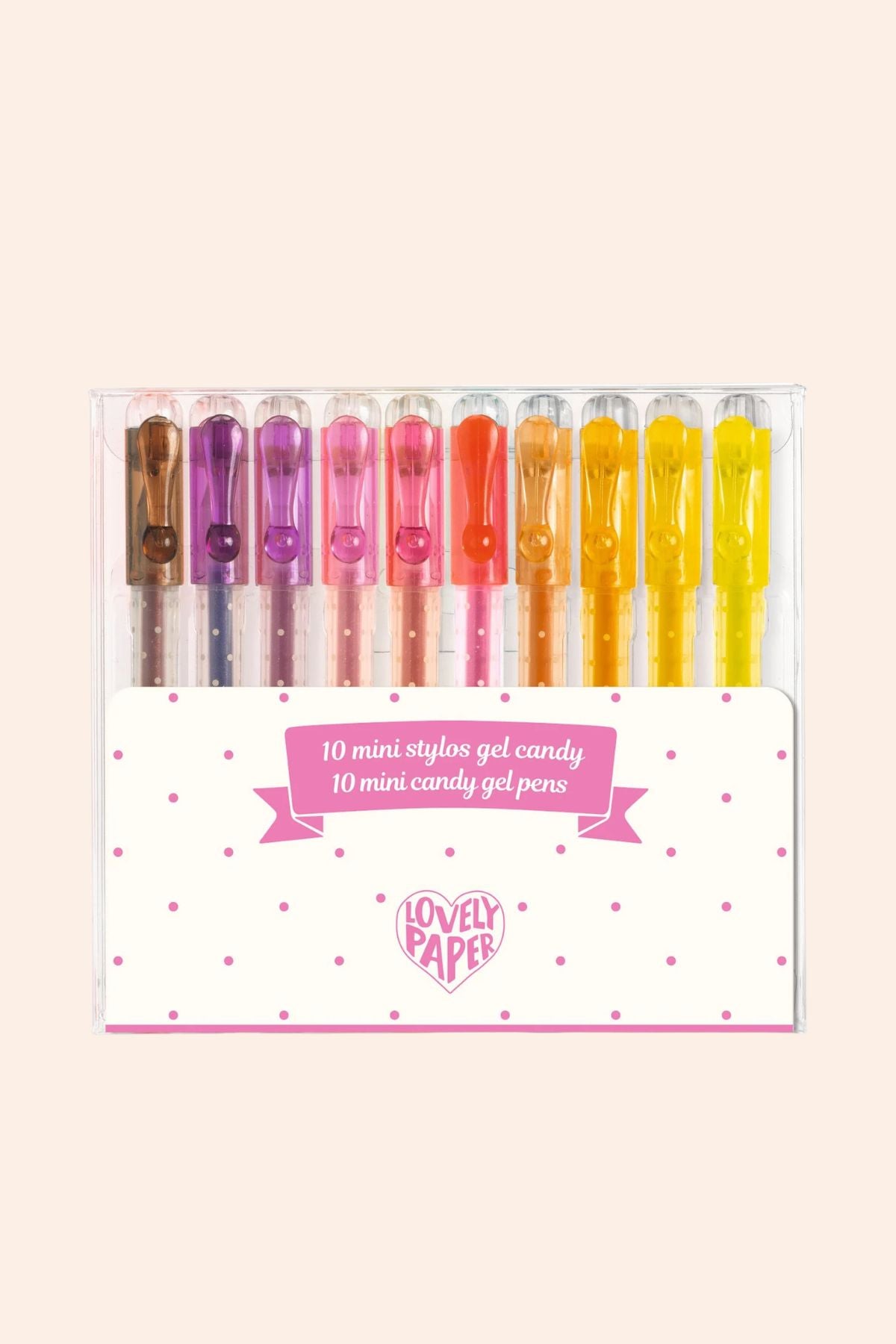 Djeco - 10 Mini Candy Coloured Gel Pens - Strawberries & Cream - Ingrid Lewis - Designer
Set of colourful gel pens in a packaging with 'Lovely Paper' branding on a light pink background.