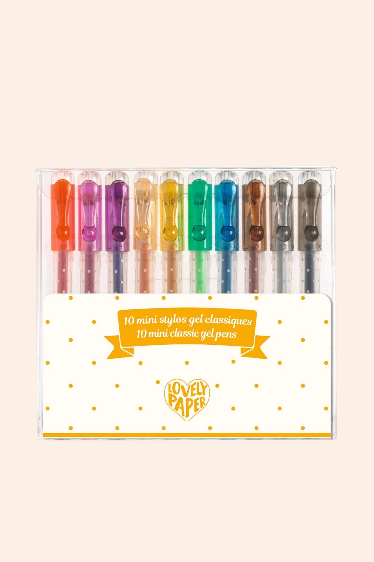 Djeco - 10 Mini Classic - Gel Pens - Strawberries & Cream - Ingrid Lewis- Designer
Set of 10 colourful gel pens in packaging with 'Lovely Paper' branding on a beige background.