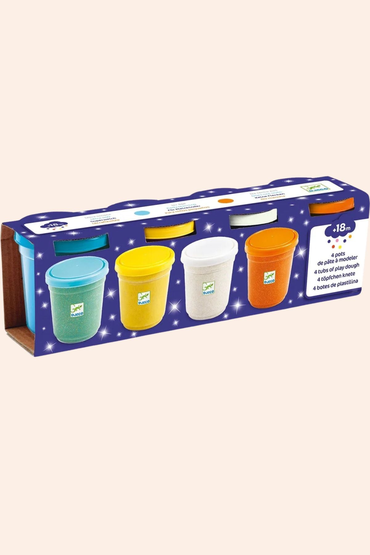 Djeco - 4 Pots of Glittery Play Dough - Strawberries & Cream - Ingrid Lewis - Designer
Set of colourful play dough cups in a packaging box
