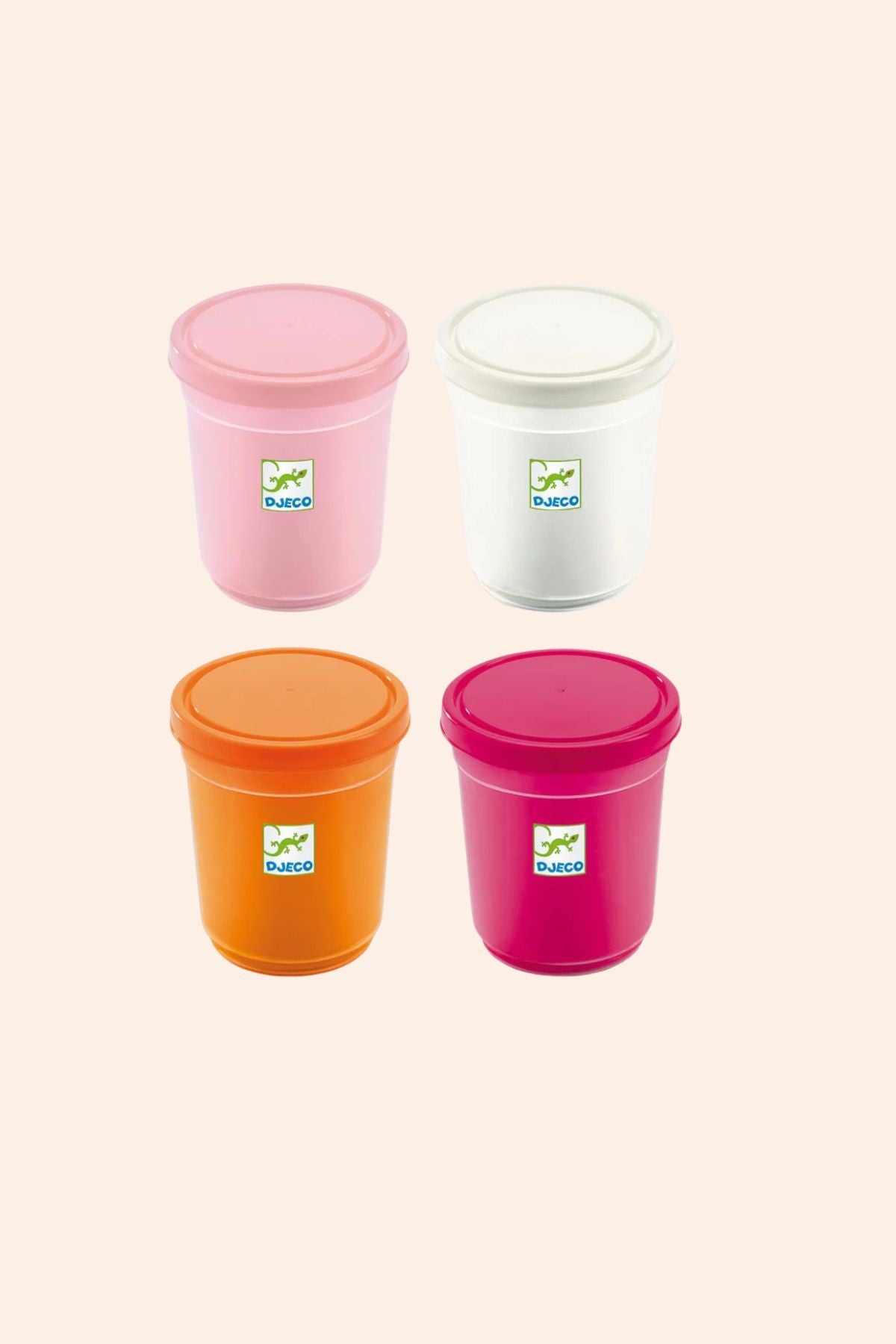 Djeco - 4 Tubes of Play Dough - Sweet - Strawberries & Cream - Ingrid Lewis - Designer
Four colourful plastic containers with lids.