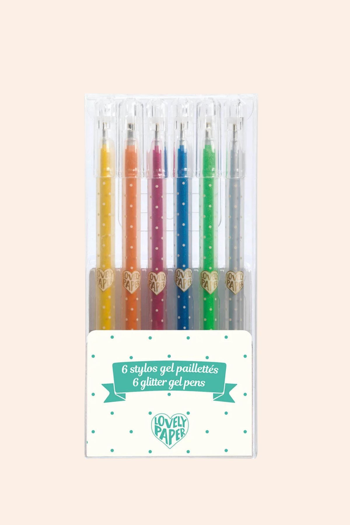 Pack of six glitter gel pens with colorful barrels on a white background