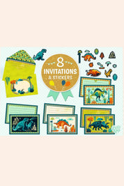 Djeco - 8 Invitations & Stickers - Cric Croc - Dino Rock! - Strawberries & Cream - Ingrid Lewis - Designer Dinosaur-themed invitations and stickers set