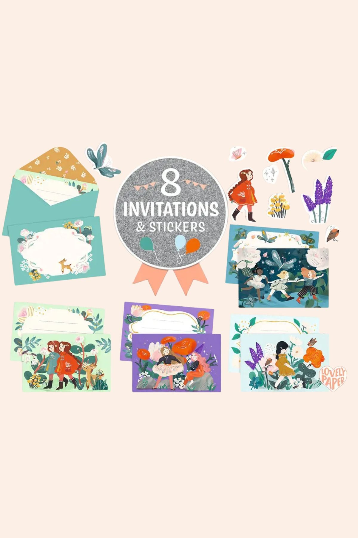 Djeco - 8 Invitations & Stickers - Garden Friends - Strawberries & Cream - Ingrid Lewis Collection of invitations and stickers with cartoon characters