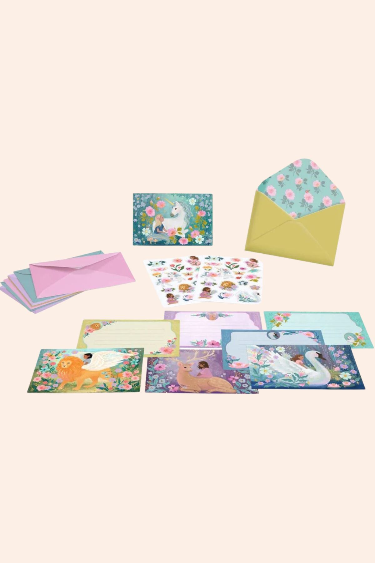 Djeco - 8 Invitations & Stickers - Strawberries & Cream - Ingrid Lewis Set of stationery items including envelopes and cards with floral designs 