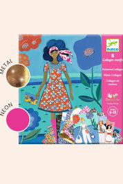 Djeco - 8 Patterned Collages - Wax Trend  - Strawberries & Cream - Ingrid Lewis - Designer
Djeco craft kit packaging with a colourful illustration of a girl and various craft items