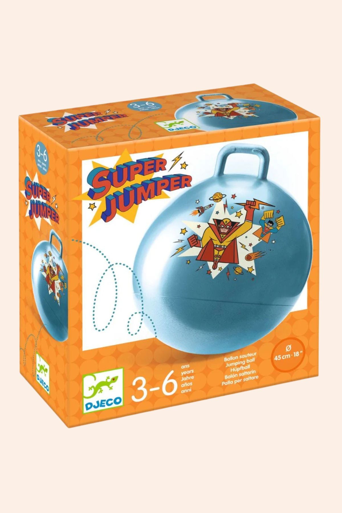 Djeco - Bouncy Ball - Space Hopper - Super Jumper - Strawberries & Cream - Ingrid Lewis - Designer
Box of Super Jumper toy with blue ball