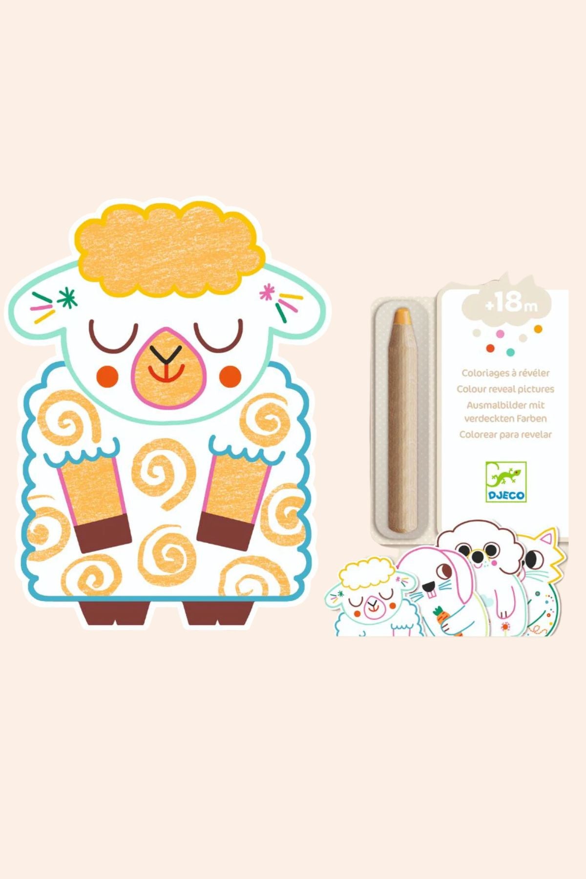 Djeco - Colour reveal pictures - Pets - Magic Colouring - Strawberries & Cream - Ingrid Lewis - Designer Sheep-shaped  pencil, Magic colouring reveal
