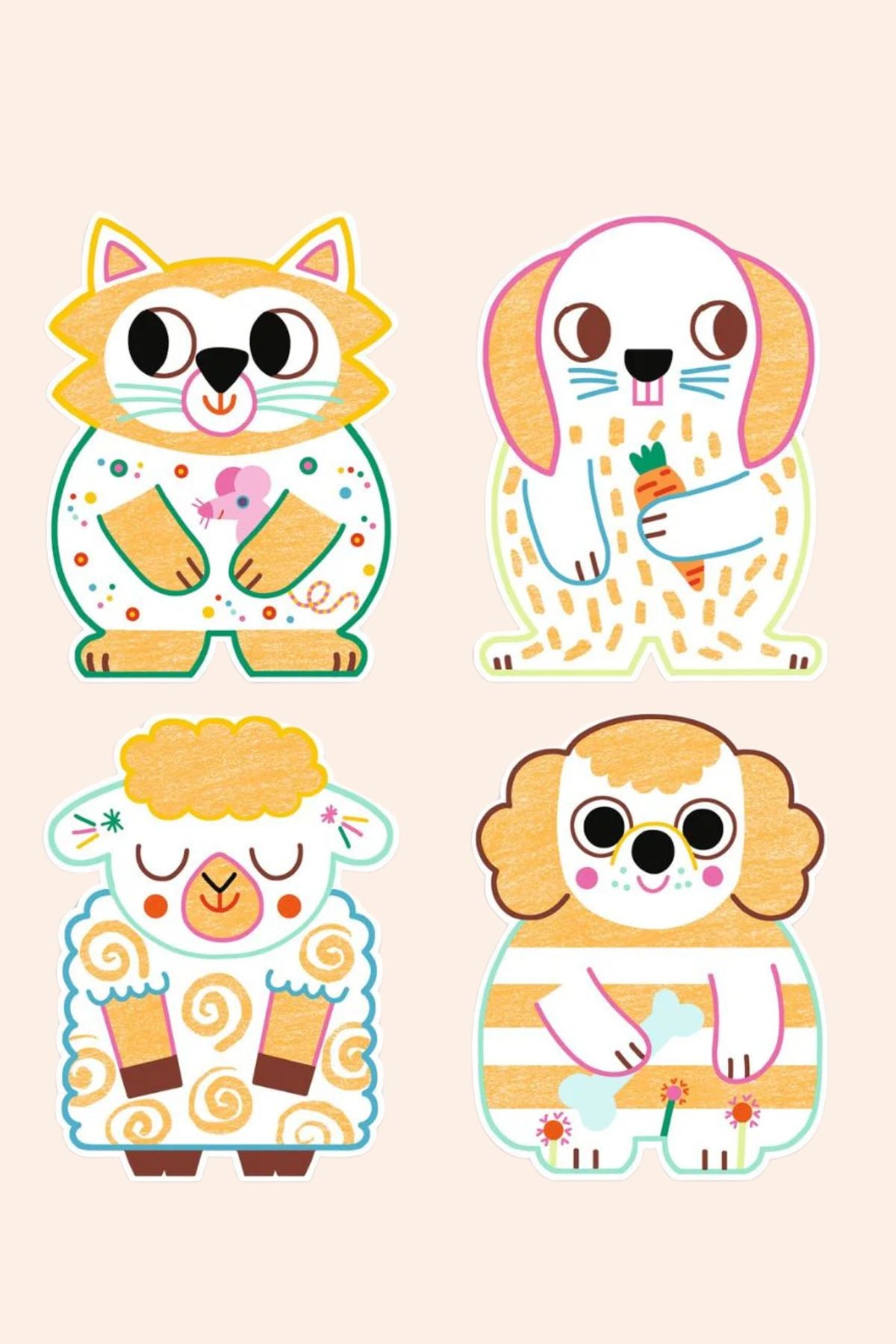 Djeco - Colour reveal pictures - Pets - Magic Colouring - Strawberries & Cream - Ingrid Lewis - Designer Four cartoon animal characters 