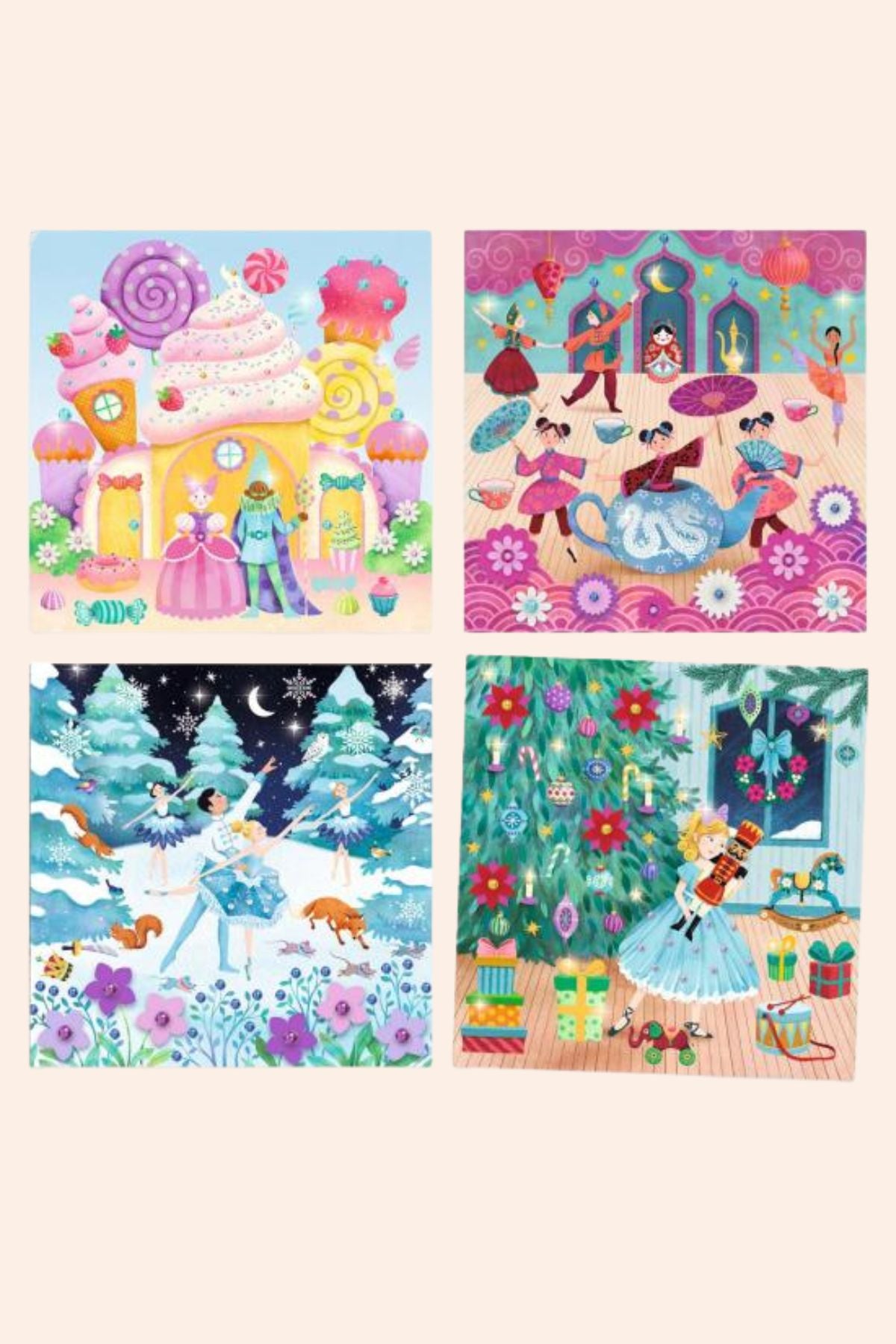 Djeco - Colouring Fairy Tale - Nutcracker - Strawberries & Cream - Ingrid Lewis - Designer 
Set of four colorful illustrations featuring fairy tale scenes with characters and elements.