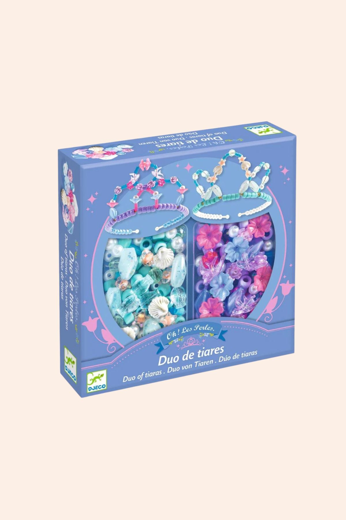 Box of two decorative jars with colorful contents on a light blue background