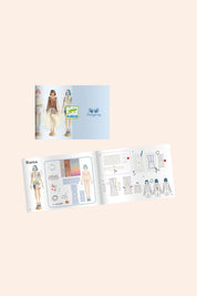 Djeco - Fashion Studio -  La Mode by Caroline - Strawberries & Cream - Ingrid Lewis - Designer 
Design book with illustrations of people and a brand logo.
