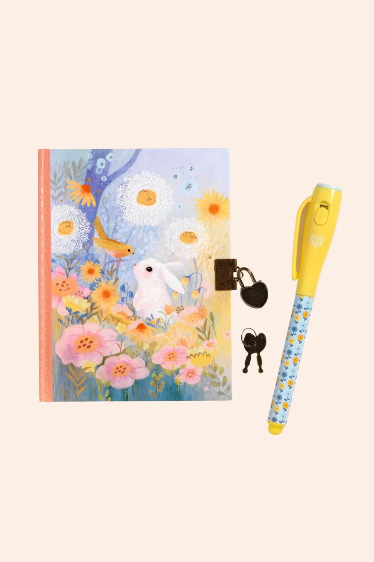 Djeco - Kendra Little Secret Notebook - Magic Pen - Strawberries & Cream - Ingrid Lewis - Designer
Notebook with floral design, keychain, and yellow pen 