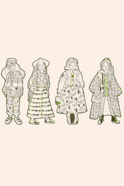 Djeco - Les Demoiselles - Fashion Colouring - Bowie & Friends - Strawberries & Cream - Ingrid Lewis - Designer 
Illustrations of four people wearing patterned.