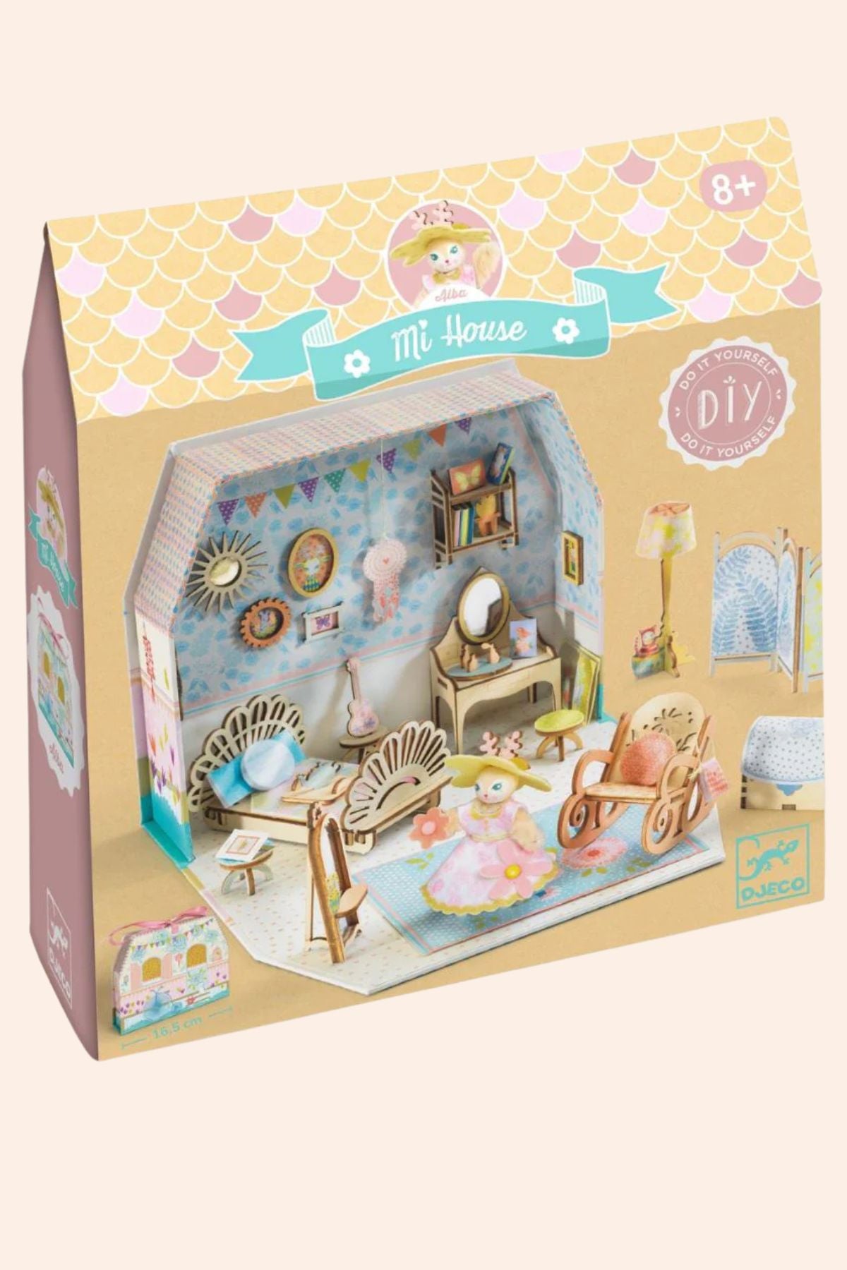 Djeco - Mi House - Alba - Strawberries & Cream 
Dollhouse kit packaging with a miniature room.