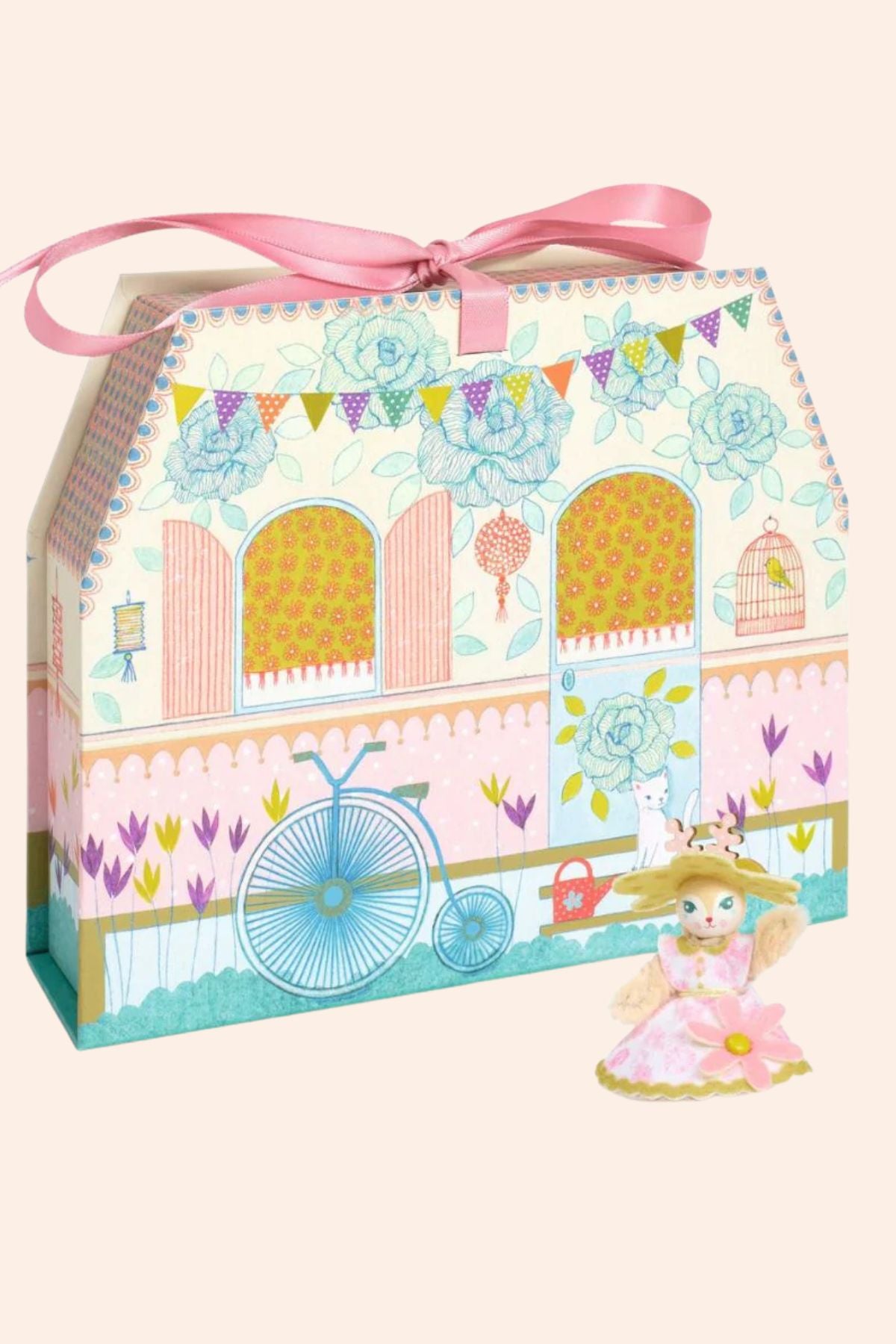 Djeco - Mi House - Alba - Strawberries & Cream 
Decorative gift box with floral design, bicycle illustration, and small figurine.