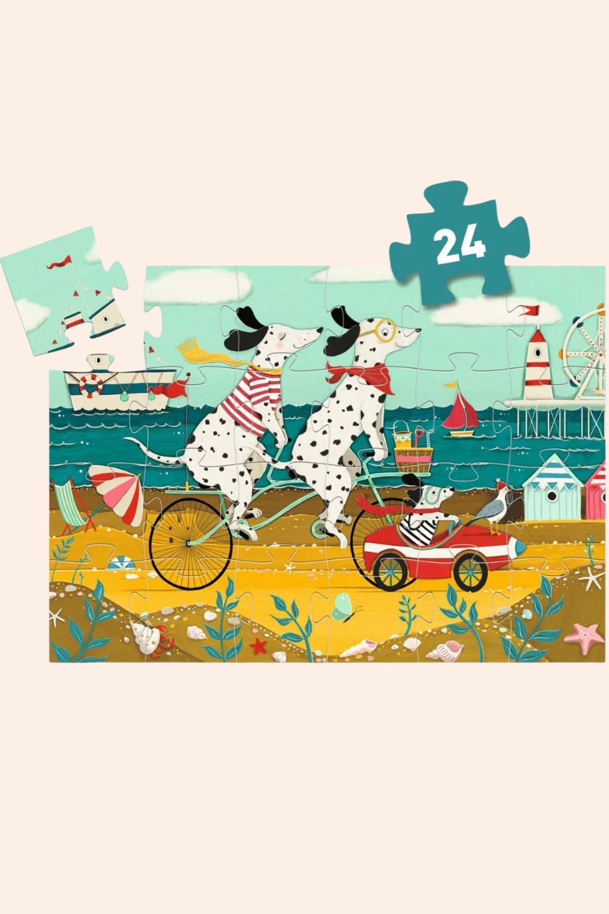 Djeco - Ollie - Le Dalmatien - Dalmatian Puzzle - Strawberries & Cream - Ingrid Lewis - Designer 
Djeco Jigsaw puzzle with two Dalmatian dogs on a beach scene.