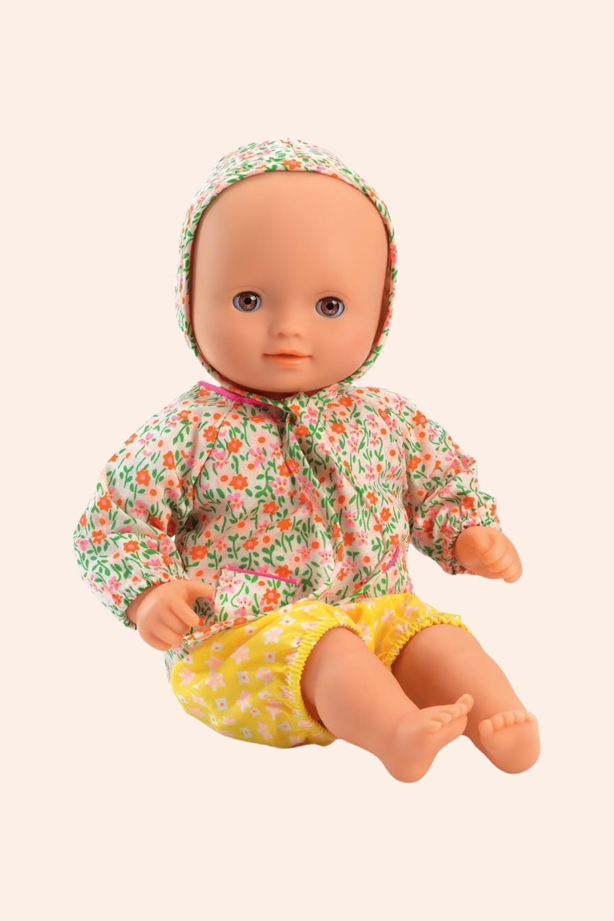 Djeco - Pomea - Baby Rose - Strawberries & Cream - Ingrid Lewis - Designer - Baby doll wearing a floral outfit with a hood.