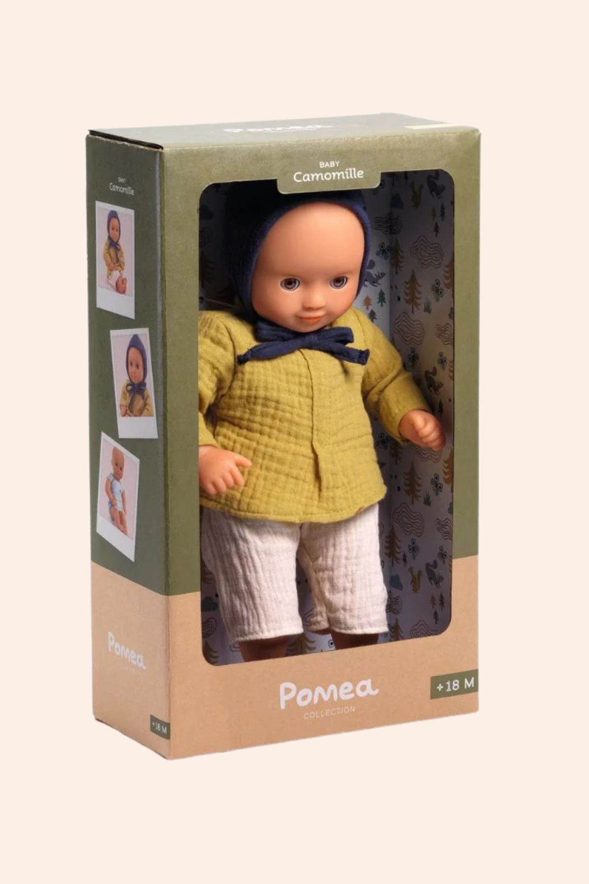 Djeco - Pomea - Baby Rose - Strawberries & Cream - Ingrid Lewis - Designer
Pomea doll in a green outfit with a matching hat, displayed in a box.
