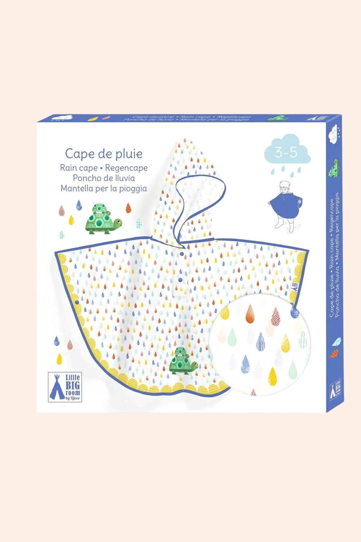 Djeco - Rain Cape - Turtle - Strawberries & Cream - Accessories - Ingrid Lewis - Designer 
Packaging of a children's raincoat with colourful design on a beige background