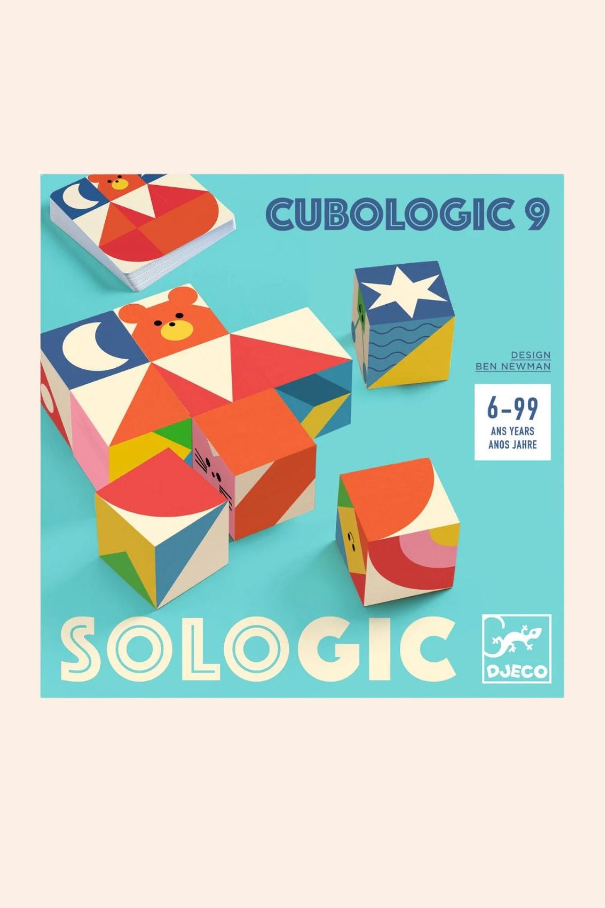 Djeco - So Logic - Cubologic 9  Logical Game to Play Solo - Strawberries & Cream - Ingrid Lewis - Designer
Cubologic 9 packaging with colourful geometric blocks.