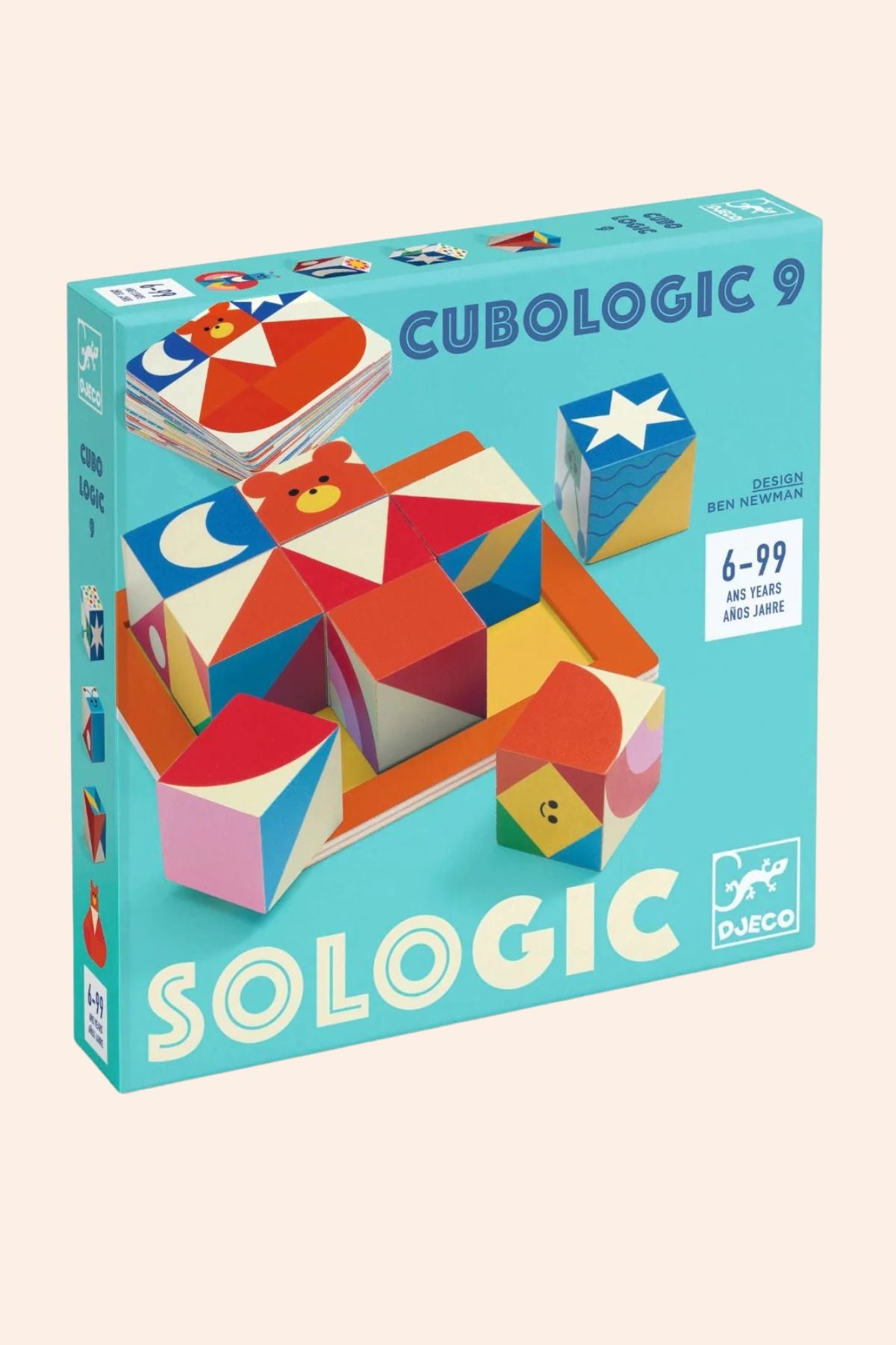 Djeco - So Logic - Cubologic 9  Logical Game to Play Solo - Strawberries & Cream - Ingrid Lewis - Designer
Cubologic 9 puzzle box by Sologic with colourful geometric shapes