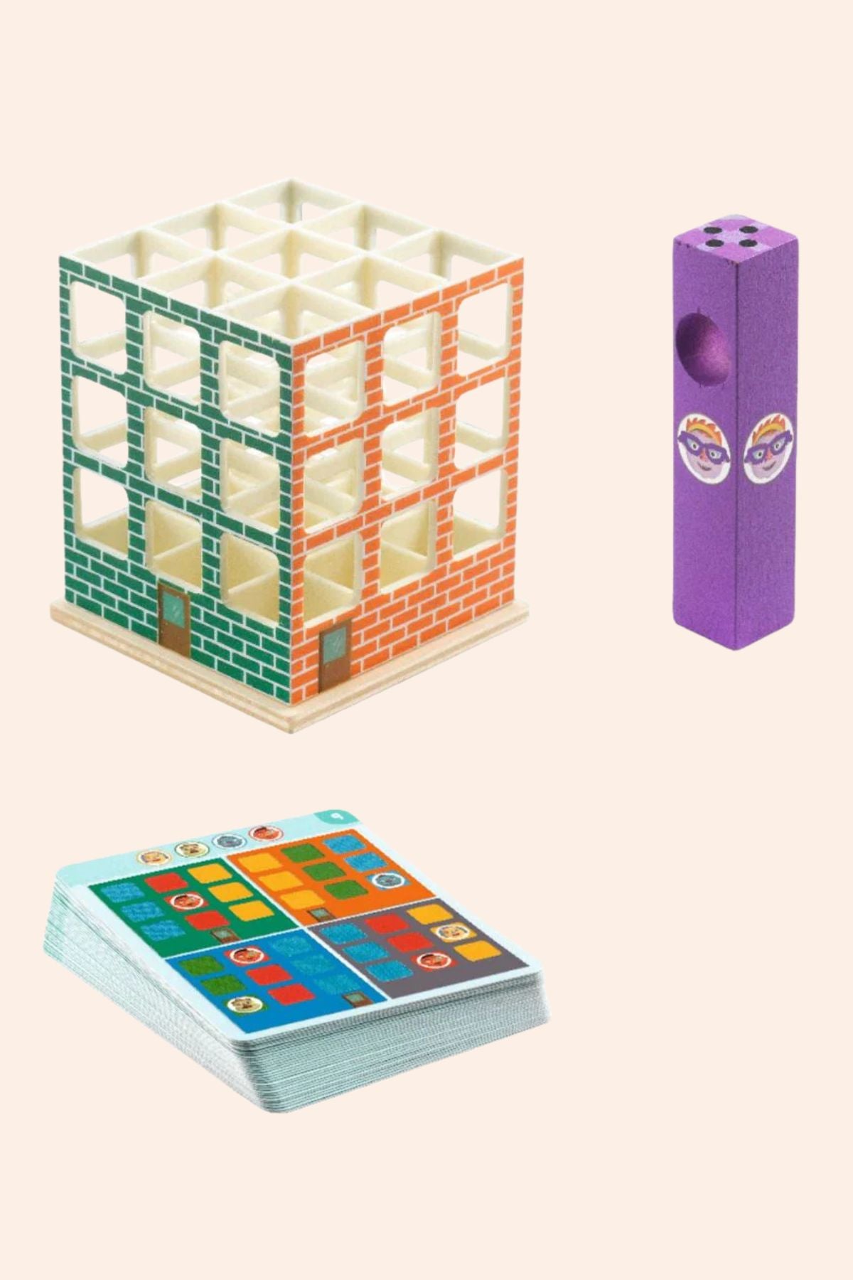 Djeco - Sologic - Hotelogic - Strawberries & Cream - Ingrid Lewis - Designer - Toy building set with blocks, a purple storage box, and colorful instruction cards.