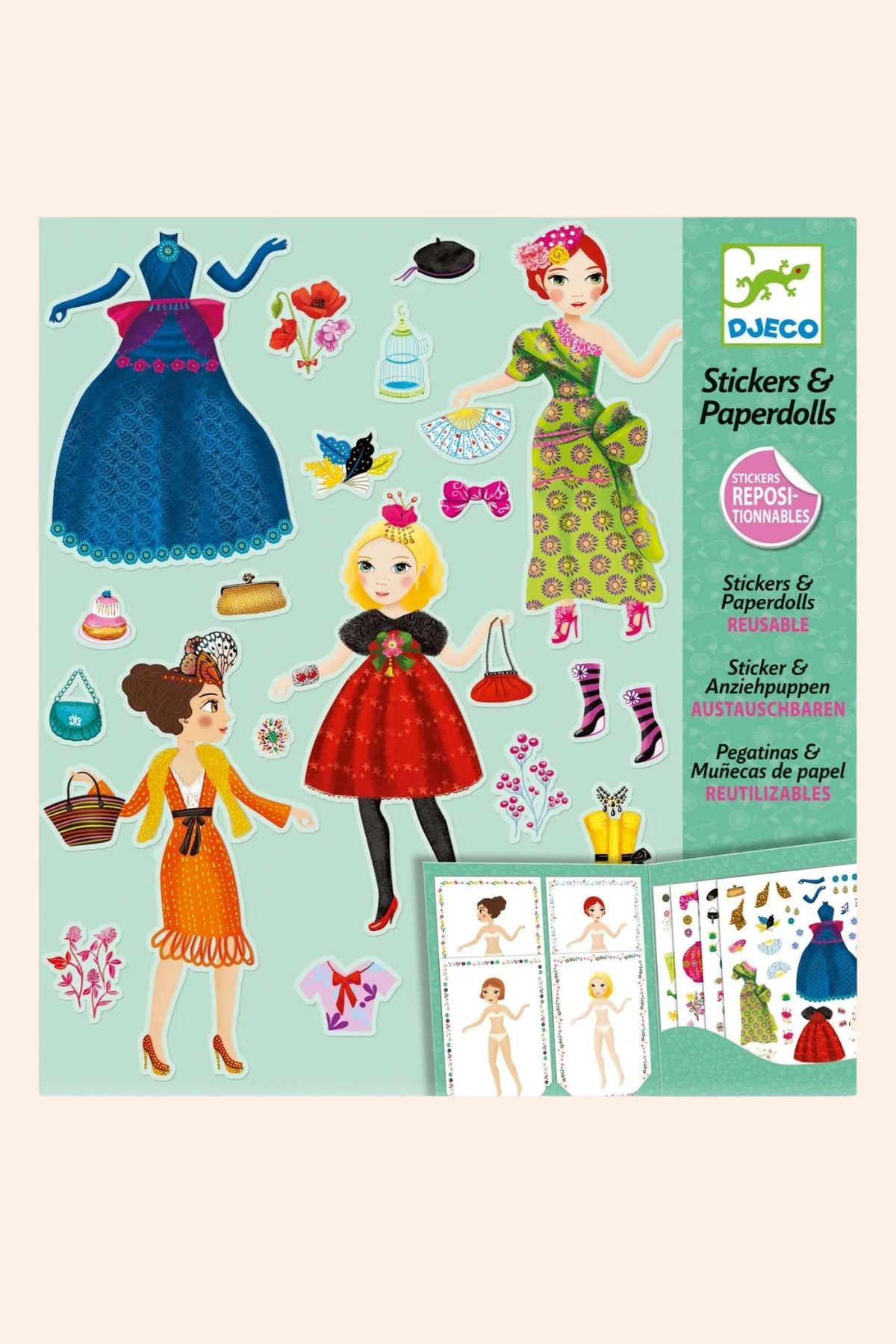 Djeco_-_Stickers_and_Paperdolls_-_Strawberries_Cream
Djeco stickers and paper dolls set with colourful dresses and dolls.