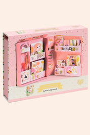 Djeco - Tinou Stationary Cabinet - Strawberries & Cream - Ingrid Lewis - Designer
 Pink stationery set in a box with various items displayed