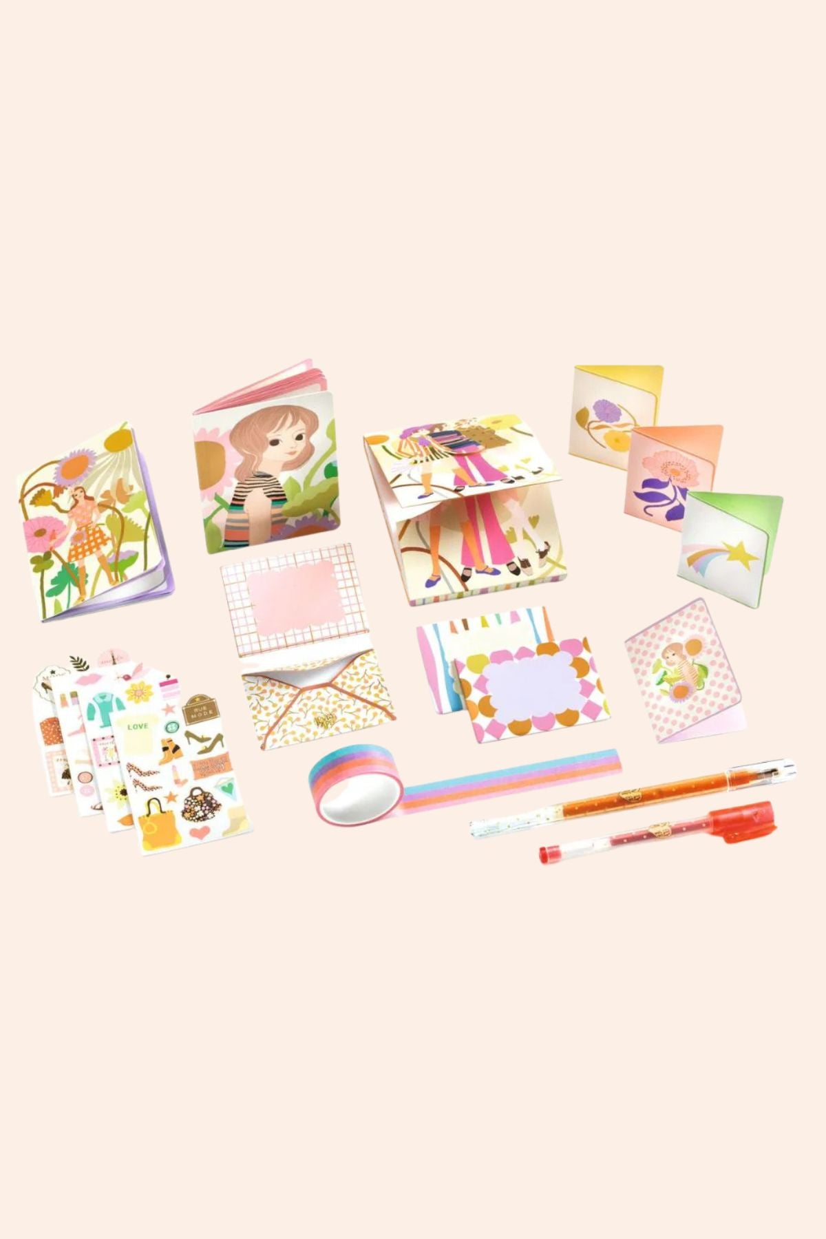 Djeco - Tinou Stationary Cabinet - Strawberries & Cream - Ingrid Lewis - Designer
Collection of stationery items including notebooks, stickers, and pens.