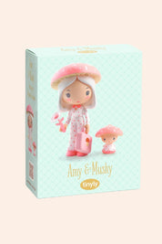Djeco - Tinyly - Amy & Mushy - Strawberries & Cream - Collectables - Friendship -Fun for all - Dolls - Figurines - Tinylyworld - Ingrid Lewis - Designer - Box packaging of Amy & Mushy toy figures with a pastel color scheme.