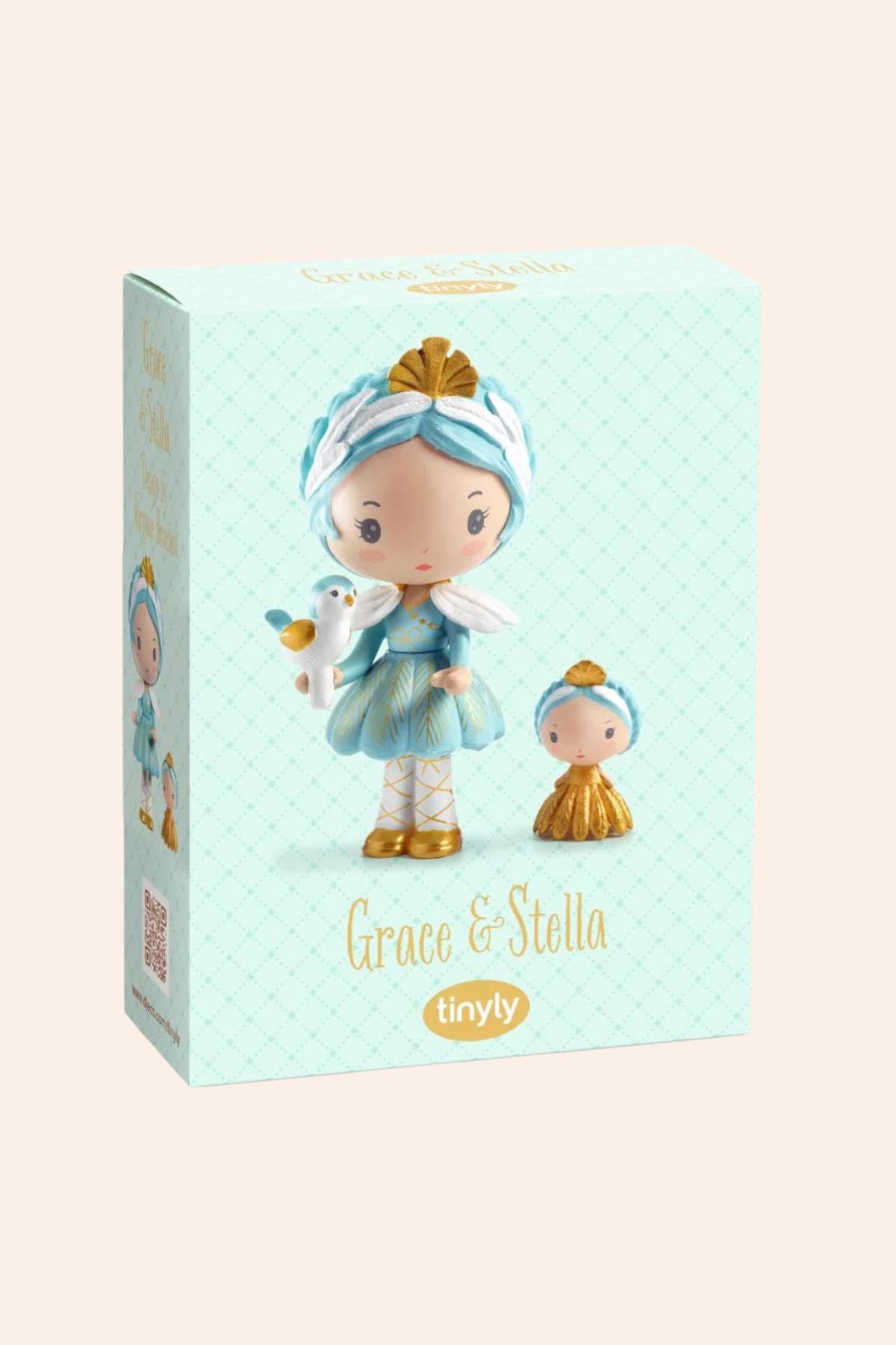 Tinyly figurine packaging with 'Grace & Stella' branding on a light blue background