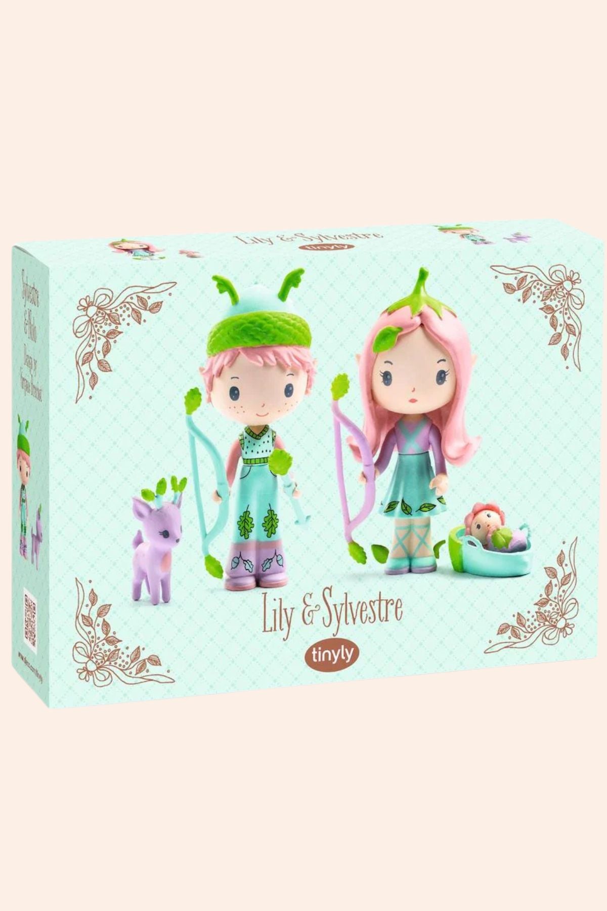 Djeco - Tinyly - Lily & Sylvestre doll - Strawberries & Cream - Figurines - Collectables - Fun for all - Friendship - Tinylyworld - Ingrid Lewis - Designer
Box packaging for 'Lily & Sylvestre' toys with characters and decorative elements.