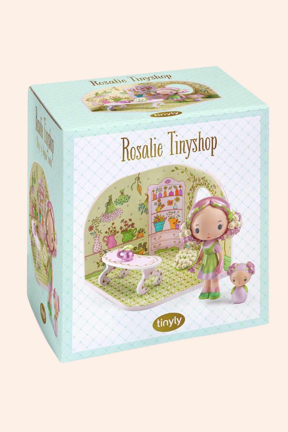 Djeco - Tinyly - Rosalie Tinyshop - Strawberries & Cream - Figurines - Dolls - Collectables - Friendship - Fun for all - Ingrid Lewis - Designer
Box of Rosalie Tinyshop with illustrations of dolls and a store.